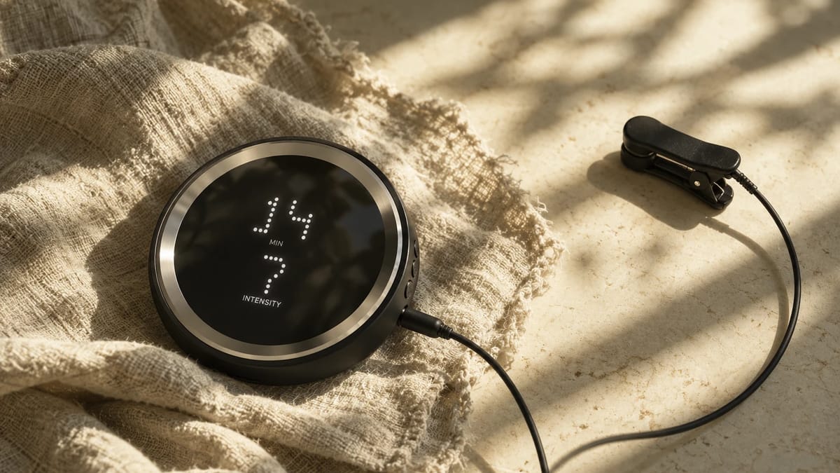 The Glint device mid-session, its display showing the minutes left, with the ear clip on its cable