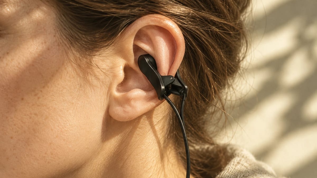 The Glint ear clip worn on the outer ear, its cable running down the neck