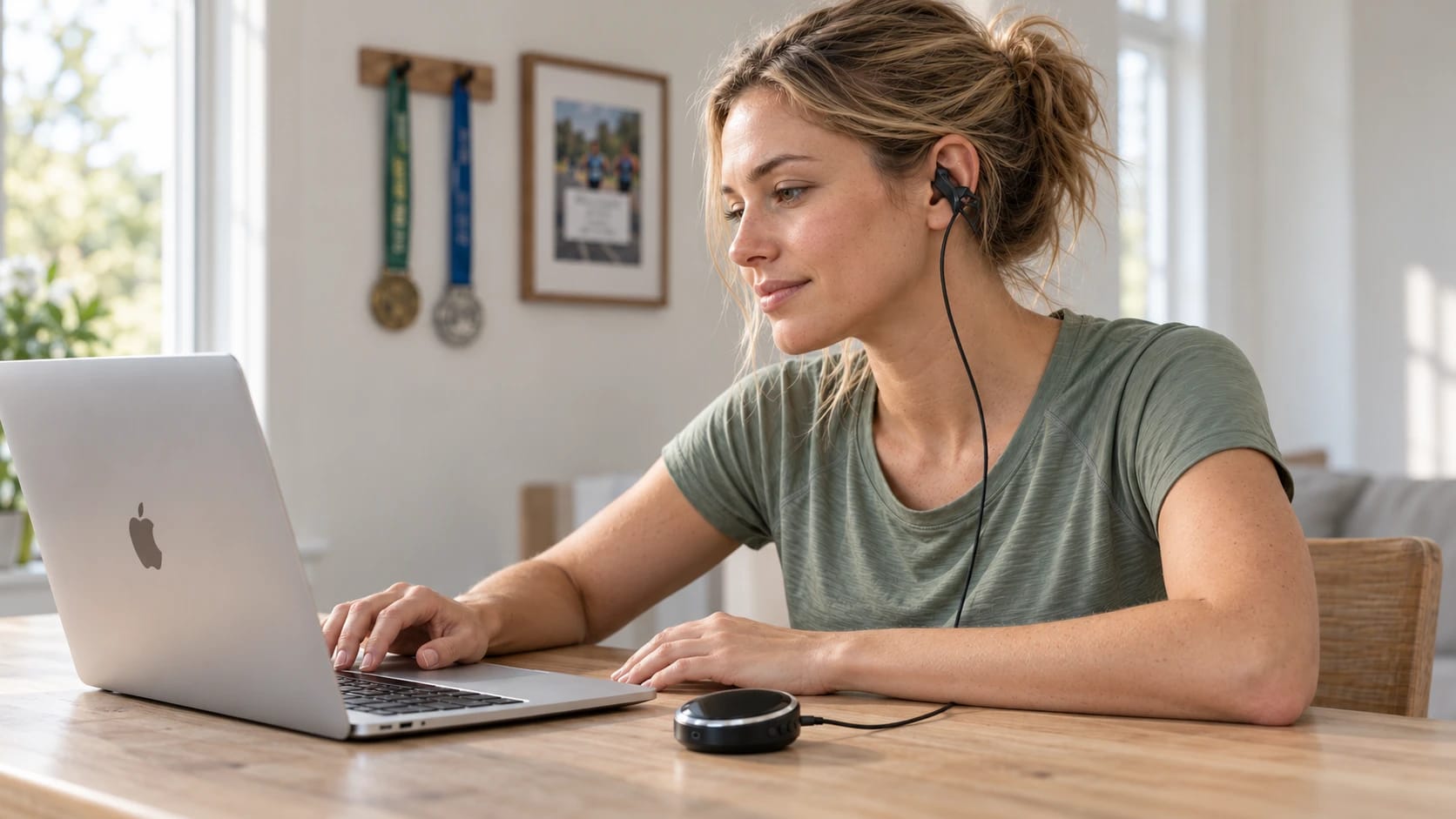 A runner at her laptop during a Glint session, the ear attachment on and the device on the table beside her