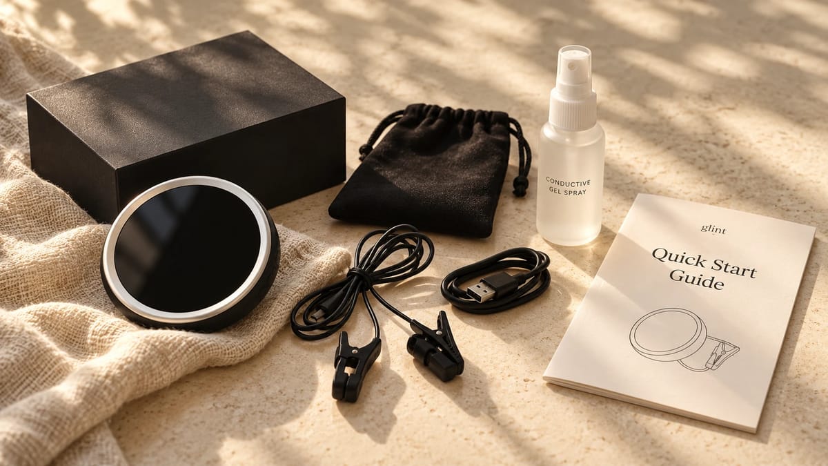 The Glint beta kit: the device, its box, ear clips on their leads, a charging cable, conductive gel spray, a pouch and the quick start guide
